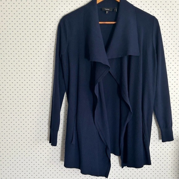 Theory Winxie T Reverie Open Front Cardigan M Navy Blue Sweater Minimalist Work - Picture 3 of 7